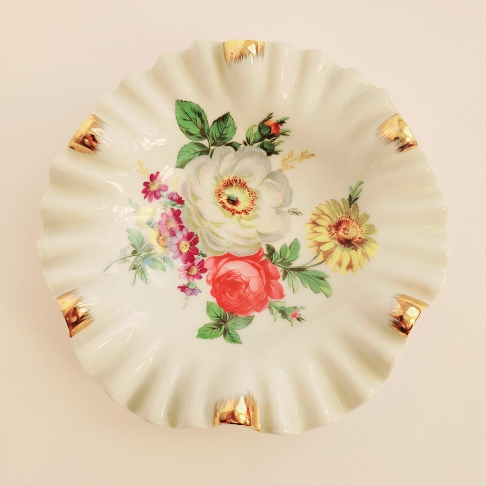 MITTERTEICH BAVARIA GERMANY Candy Dish - Rose - Deeply  Fluted Edge Gold Accent